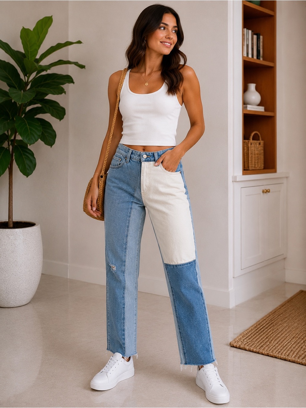 Hollister High-Rise Two-Tone Patchwork Jeans - White & Blue size 25
